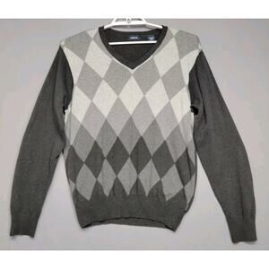 Izod Argyle V-neck Sweater Mens Large Gray Knit Long Sleeves Golf Preppy Casual